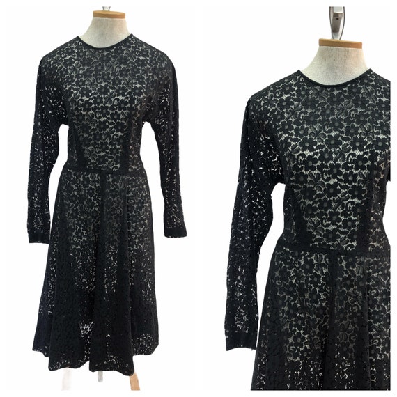 Vtg Vintage Black Lace 1950's Dolman Sleeved midi… - image 1