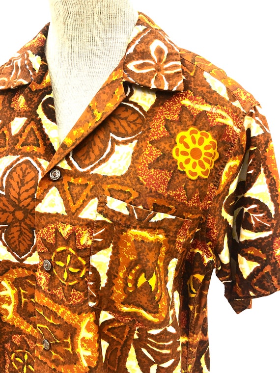 Vintage VTG 1960s 60s Brown Hawaiian Patterned Ti… - image 7