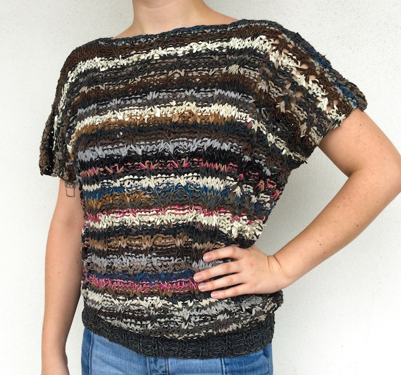 Late 70s Multicolored Hand Knit Braided Leather Boxy Top
