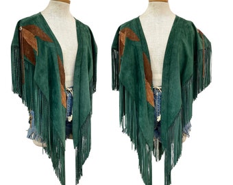 Vtg 80s 1980s Southwestern Forest Green Woodland Fairy Fringe Suede Caplet