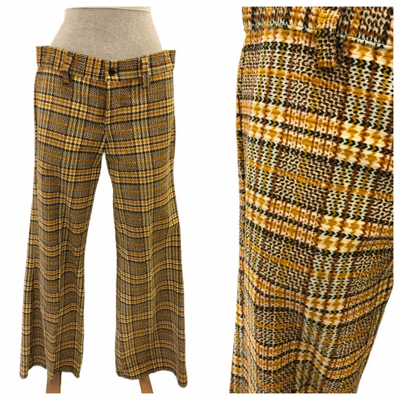 Vintage VTG 1970s 70s Yellow Plaid Pattern Flare P
