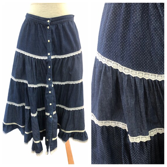 Vintage VTG 1970s 70s Gunne Sax Blue Floral Patter