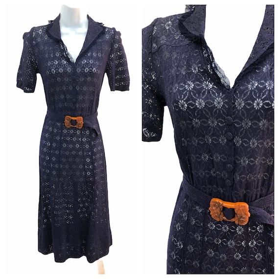 Vintage VTG 1930s 30s Navy Lace Sheer Day Dress wi