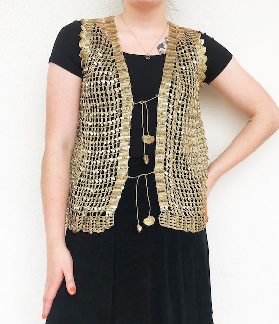 Gold 60s woven vest with sequin detailing