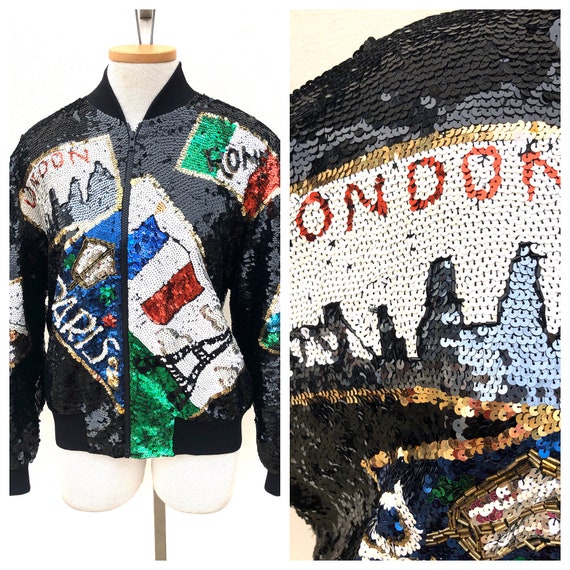 Vintage VTG 1990s 90s Black Sequined City London R