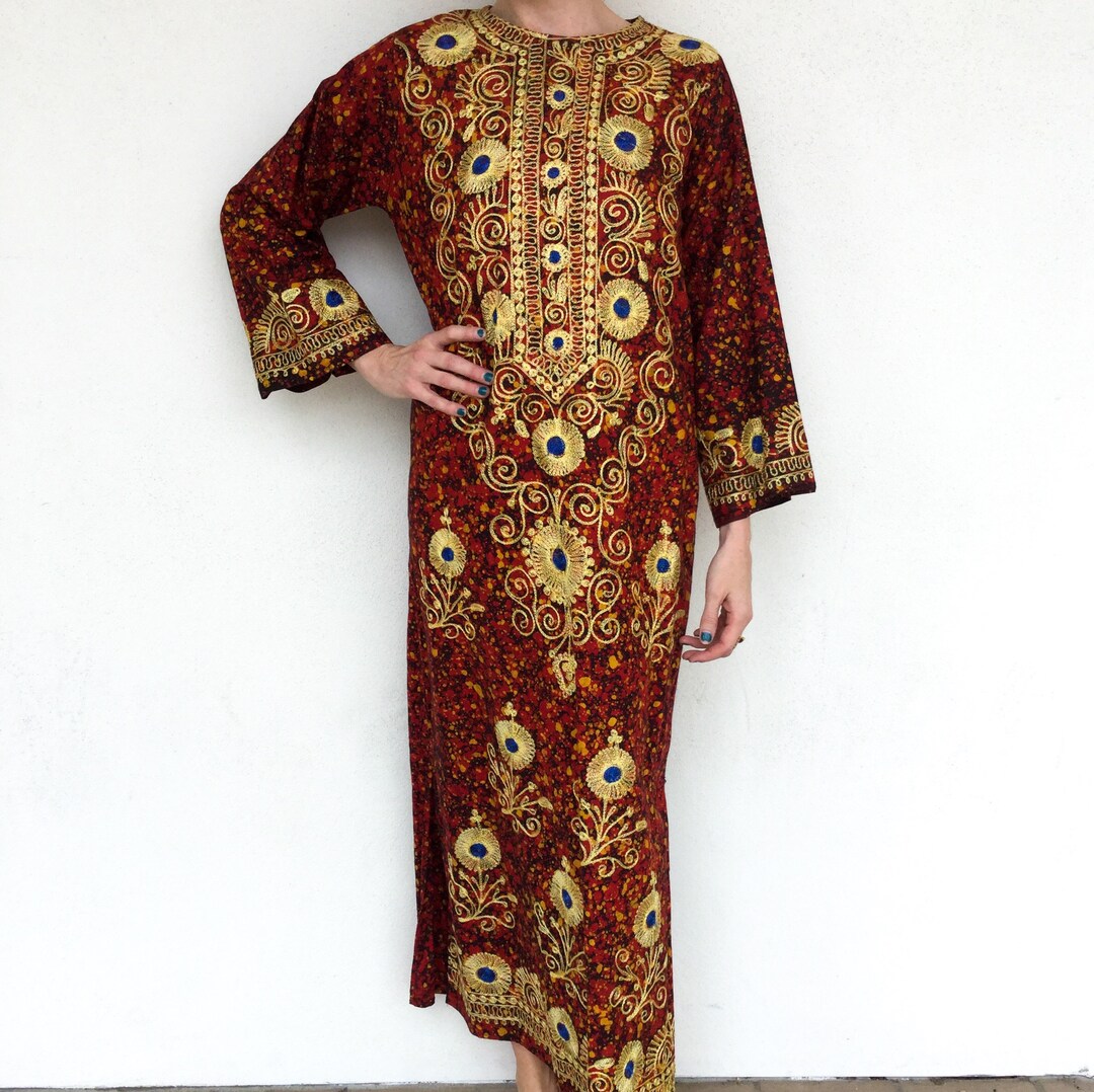 1970s Cotton Batik Ethnic Tunic Dress With Gold and Blue Hand ...