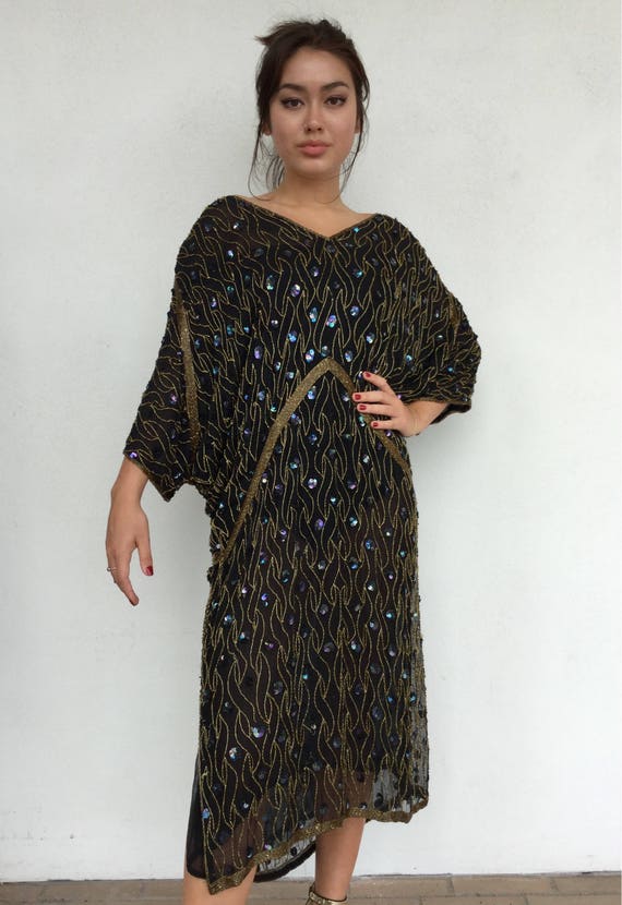 Disco does deco 80s silk black beaded batwing shee