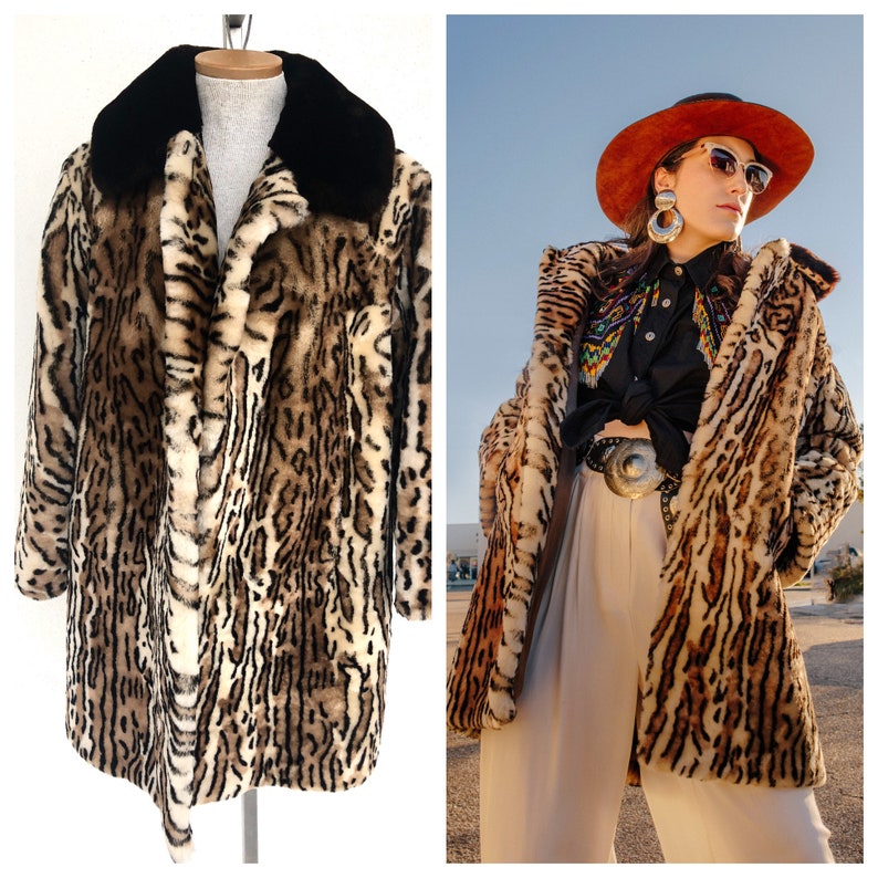 Vintage VTG 1960s 1970s Leopard Mouton Printed Fur Coat Jacket image 1