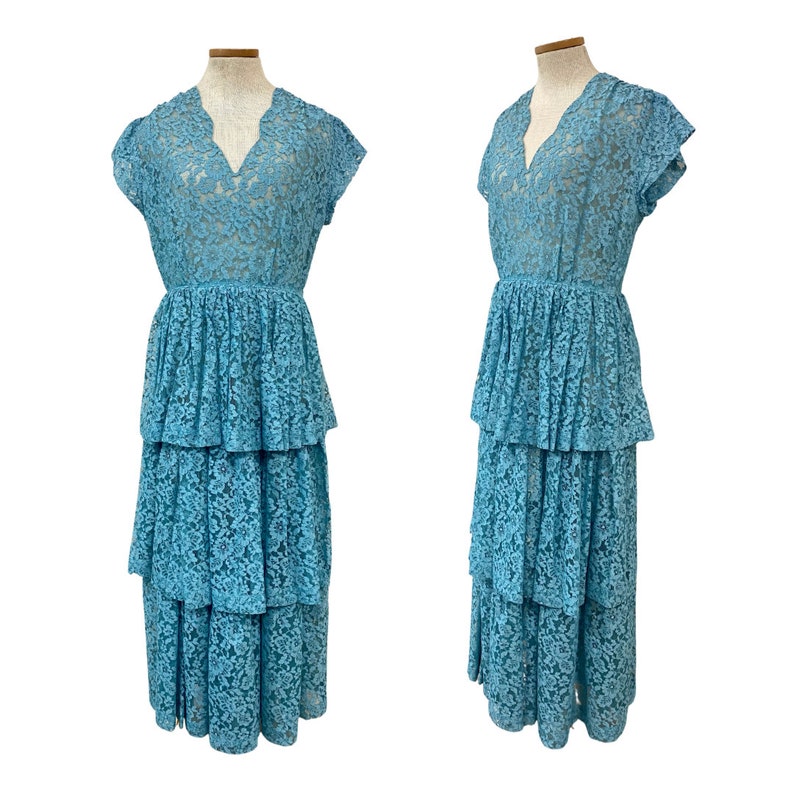 Vtg 50s 1950s Robin's Egg Blue Sheer Lace Pinup Bombshell Tiered Cupcake Dress image 1