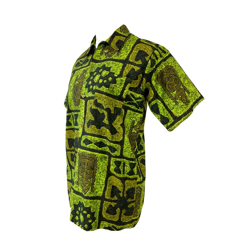 Vtg Vintage 1960s 60s Green Tiki Mask Designer Luau Honolulu Hawaiian Shirt image 5