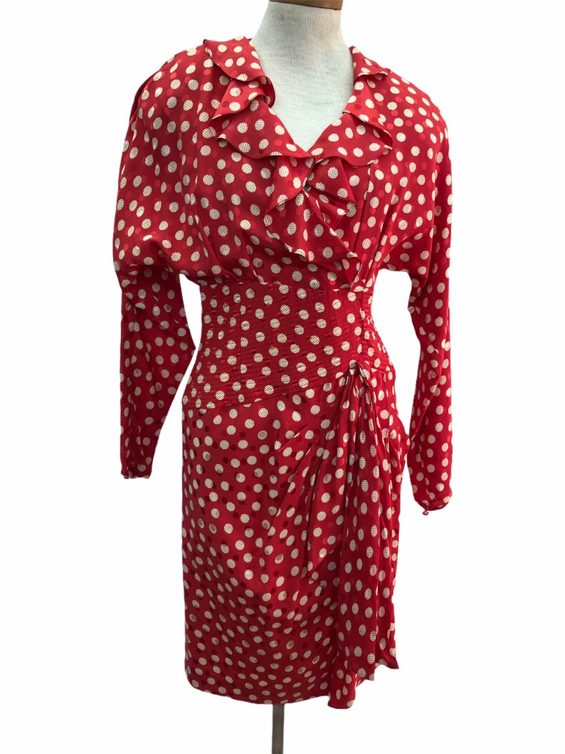 Vintage VTG 1980s 80s Red Silk Polka Dot Long Sleeve Cinched Party Dress