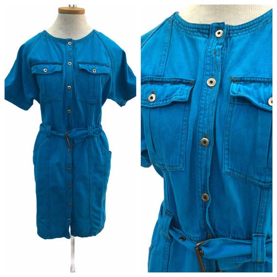 Vintage VTG 1980s 80s Blue Denim Short Sleeve Gla… - image 1