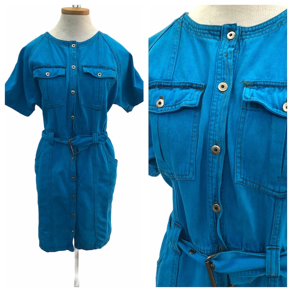 Vintage VTG 1980s 80s Blue Denim Short Sleeve Glam Rock Dress