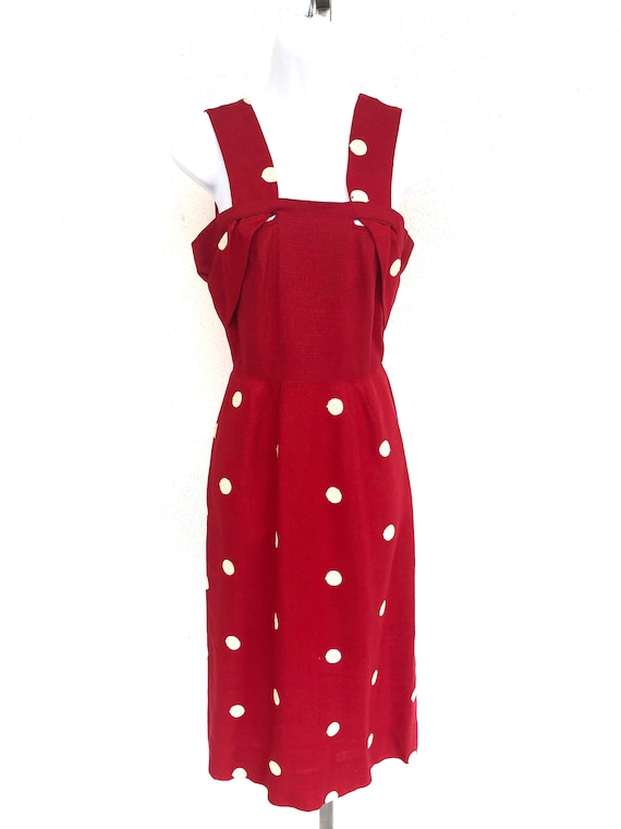 Vintage VTG 1940s 40s French Linen Red Polka Dot P