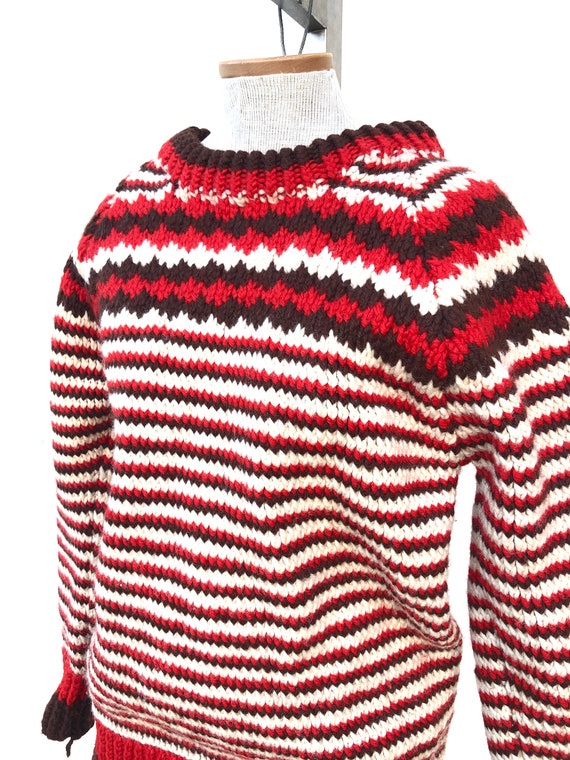 Vintage VTG 1960s 60s Handmade Red Brown Knit Chu… - image 6