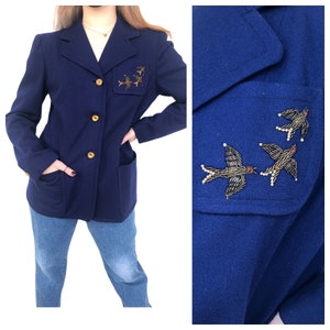 Vintage VTG 1940s 40s Navy Blue Bird Embroidered Blazer Jacket image 1