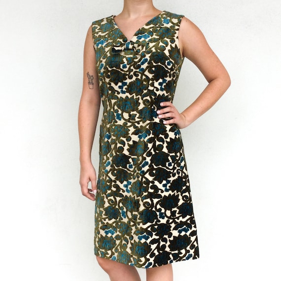 1960s green and blue floral tapestry dress