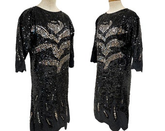 Vtg Vintage 1980s 80s Glam Gatsby Deco Egyptian Revival Sequin Party Dress