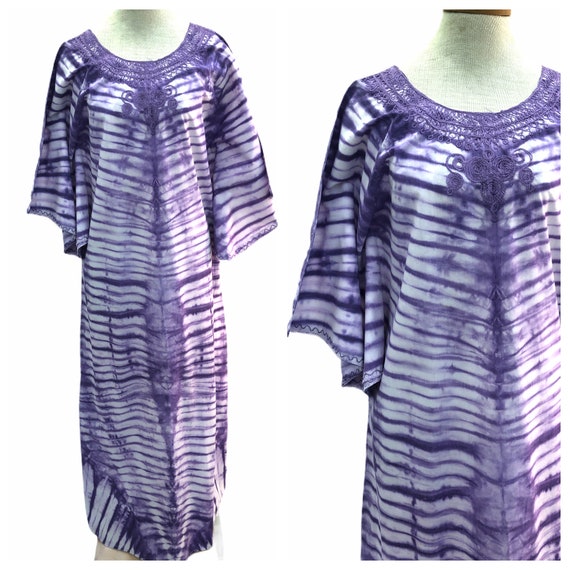 Vintage VTG 1970s 70s Purple Tie Dye Caftan Maxi D