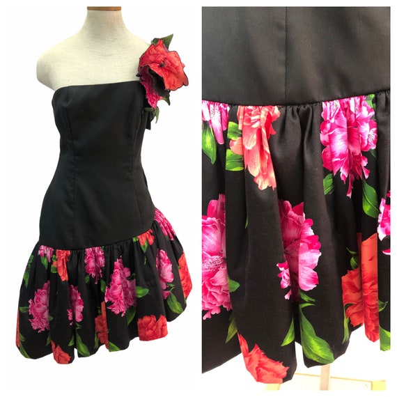 Vintage VTG 1980s 80s Victor Costa Black Pink Flor