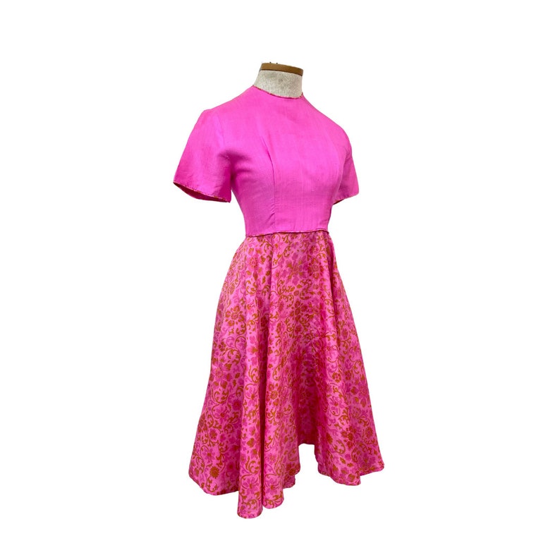 Vtg 60s Mod Dayglow Era Fluorescent Hot Pink Indian Block Print Party Dress image 2