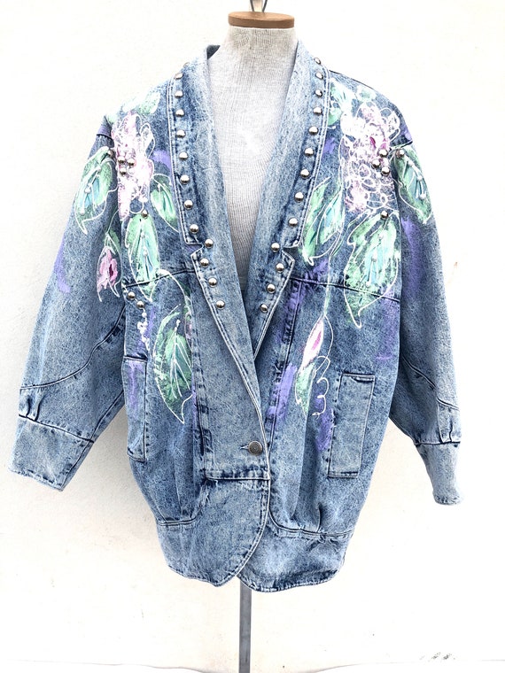 Vintage VTG 1980s 80s Acid Wash Denim Floral Pain… - image 2