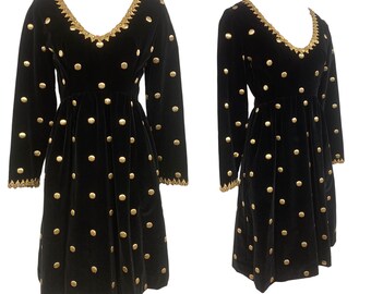 Vtg Vintage 1960s 60s Black Velvet Gold Polka Dot Embroidered Embellished Dress