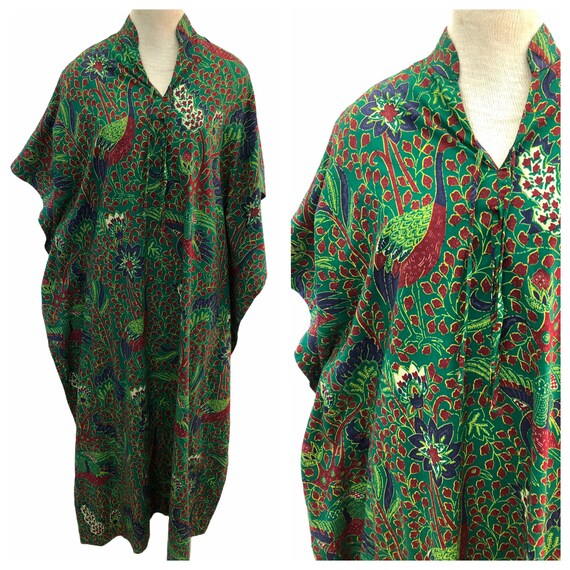 Vintage VTG 1970s 70s Green Batik Boho Bohemian Ca