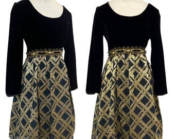 Vtg 60s Carriage House Designer Black Gold Velvet Metallic Party Mod Dress