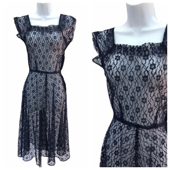 Vintage VTG 1930s 1940s Navy Lace Sheer Short Slee