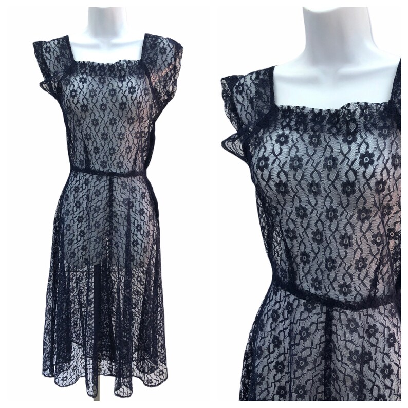 Vintage VTG 1930s 1940s Navy Lace Sheer Short Sleeve Dress image 1