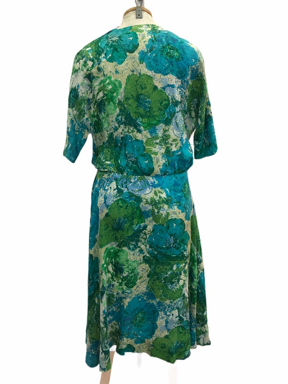 Vintage VTG 1930s 1940s Silk Green Blue Floral Patterned Drop Waist Dress