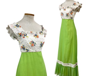 Vtg Vintage1970s 70s 60s Designer Emma Domb Lime Green Calico Cottage Maxi Dress