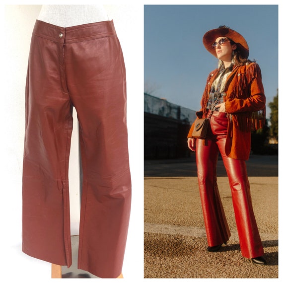 Vintage VTG 1970s 70s Red Leather Flared Pants