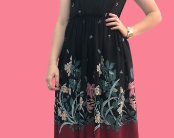 Vintage VTG 1970s 70s Black Floral Pleated Summer Dress