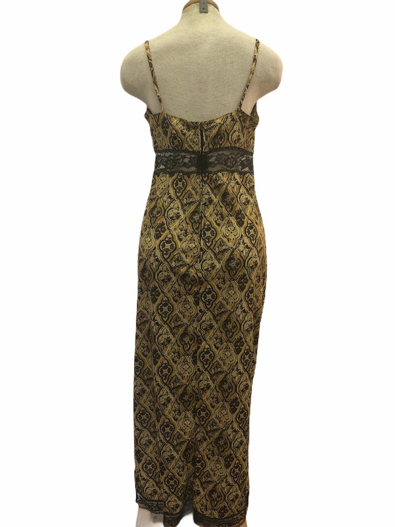 Vintage VTG 1970s 70s Gold Black Lace Maxi Slip Dress