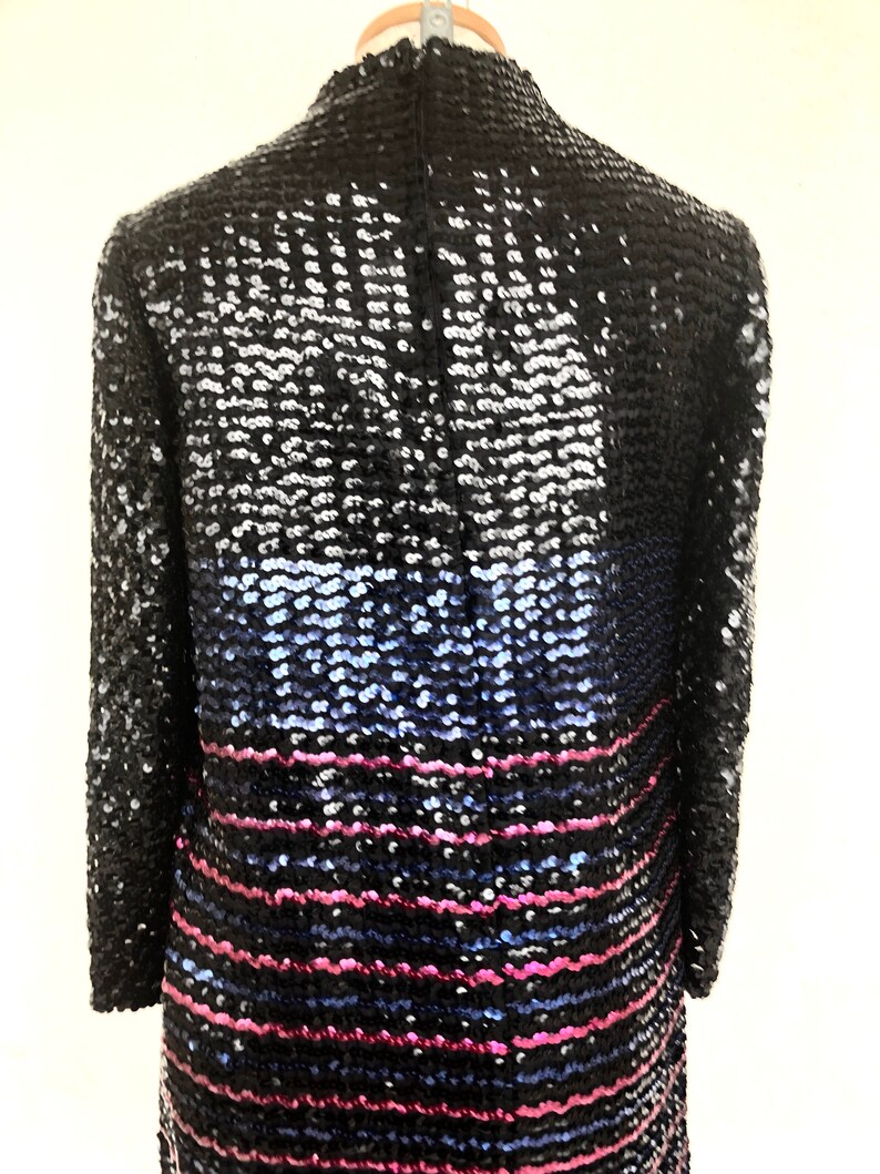 Vintage VTG 1970s 70s Johnnye Black Sequin Long Sleeve Shift Dress image 5