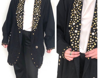 Vintage VTG 1980s 80s Black Denim Pearl Jeweled Duster Jacket Coat
