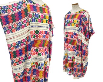 Vtg Vintage Ethnic South American Woven Bright Floral Colorful Boxy Huipil Dress