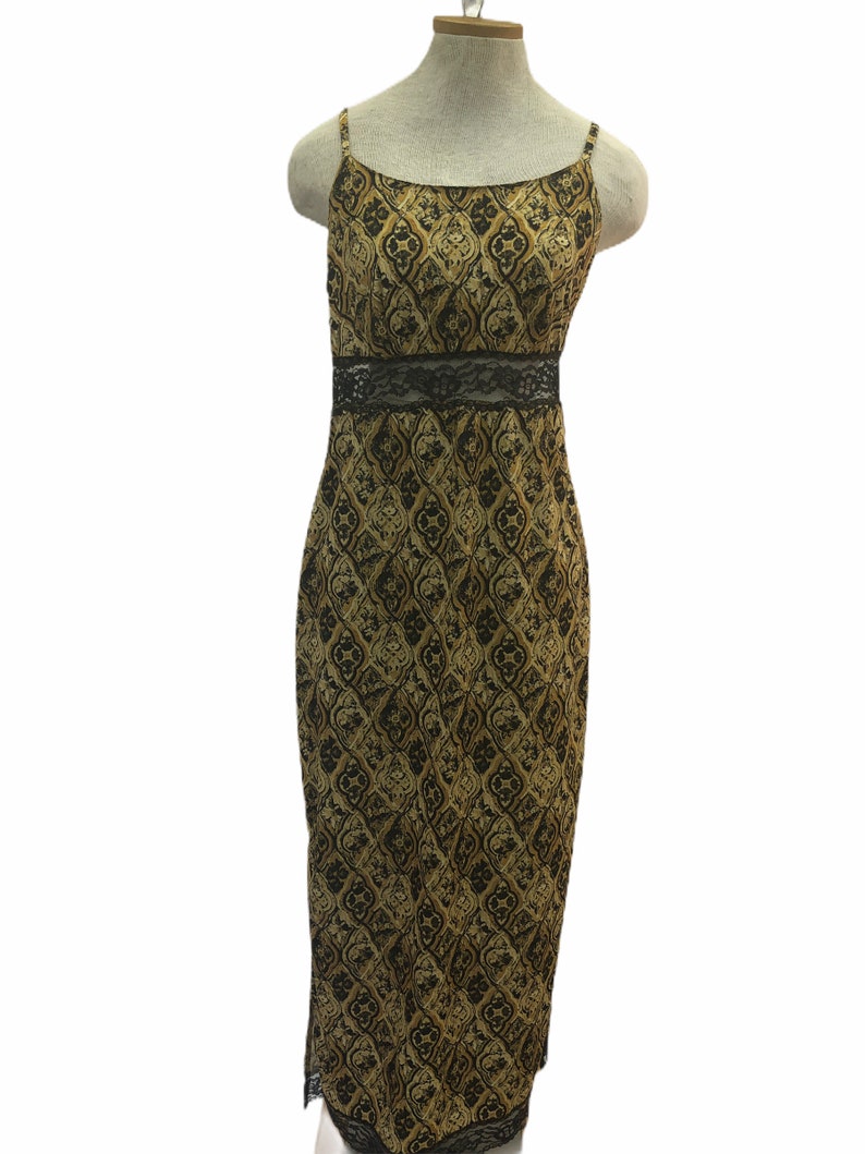 Vintage VTG 1970s 70s Gold Black Lace Maxi Slip Dress