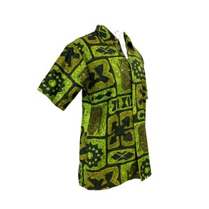 Vtg Vintage 1960s 60s Green Tiki Mask Designer Luau Honolulu Hawaiian Shirt image 2