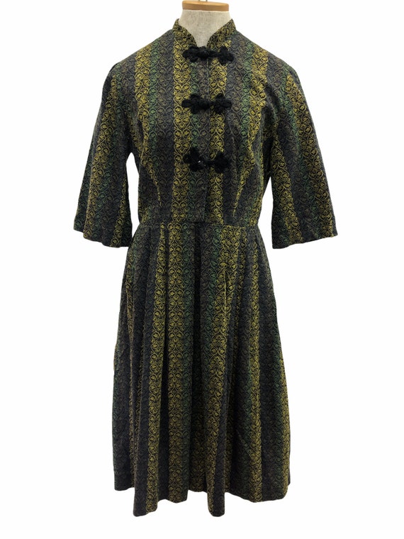 Vintage VTG 1950s 1950s Green Black Woven Dress - image 2