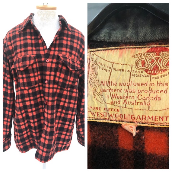 Vintage VTG 1940s 40s GWG Red Buffalo Plaid Wool W