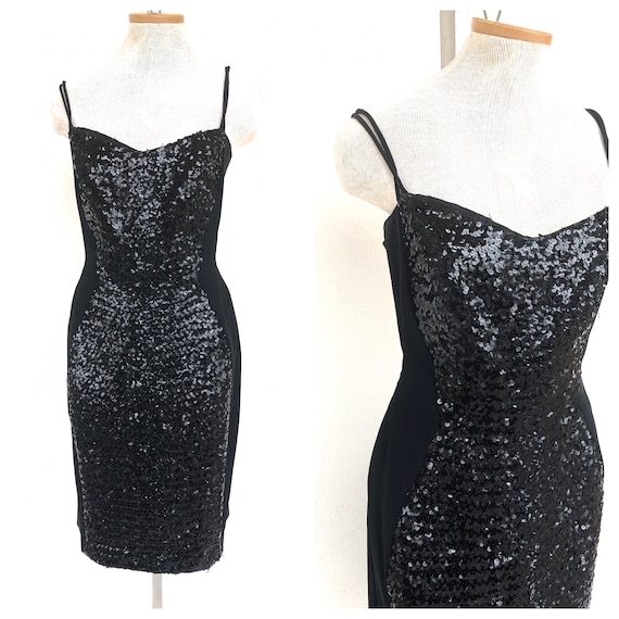 Vintage VTG 1960s 60s Black Sequin Wiggle Midi Dre