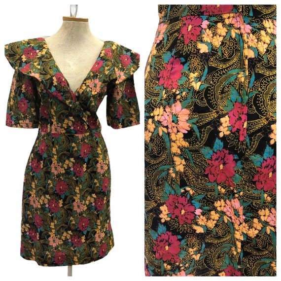 Vintage VTG 1980s 80s Ruffle Floral Power Shoulder