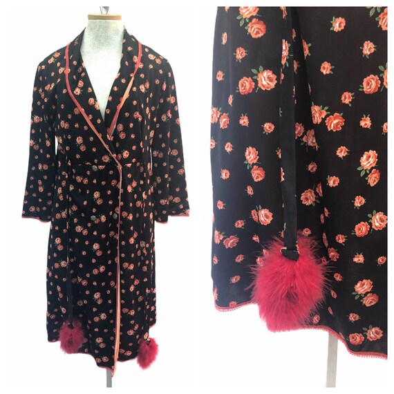 Vintage VTG 1970s 70s Black Floral Robe Dress with