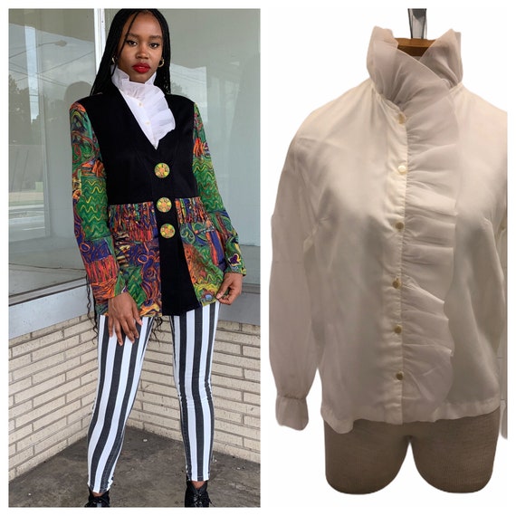 Vintage VTG 1970s 70s Disco White Ruffle Long Slee