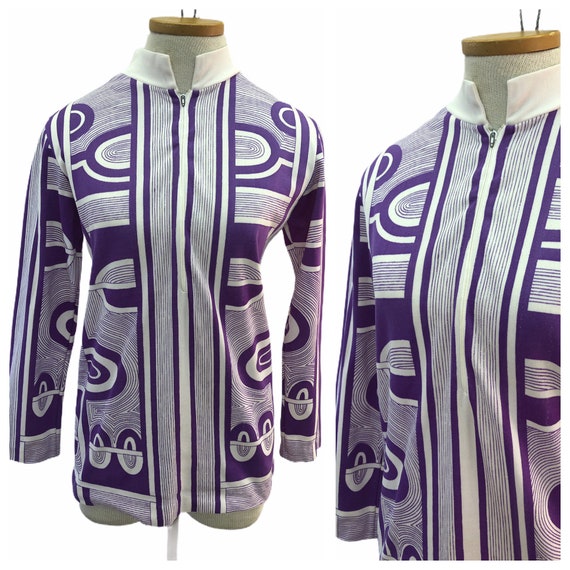 Vintage VTG 1960s 60s Mod Purple White Patterned H