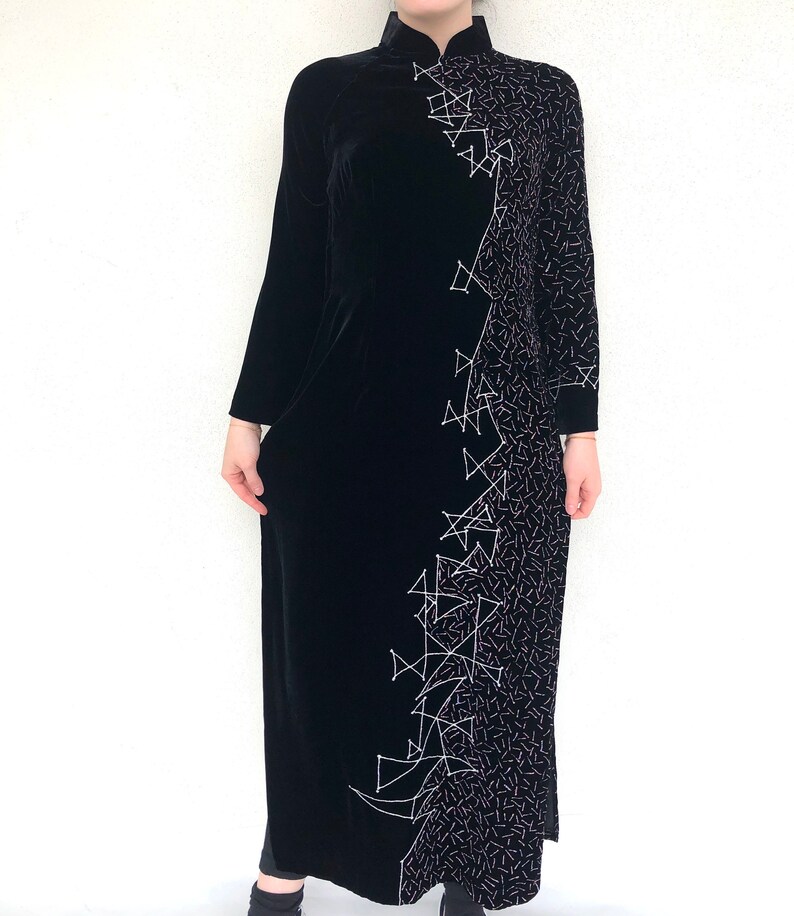 Vintage VTG 1990s 90s Black Velvet Glitter Vietnamese Ao Dai Maxi Dress image 4