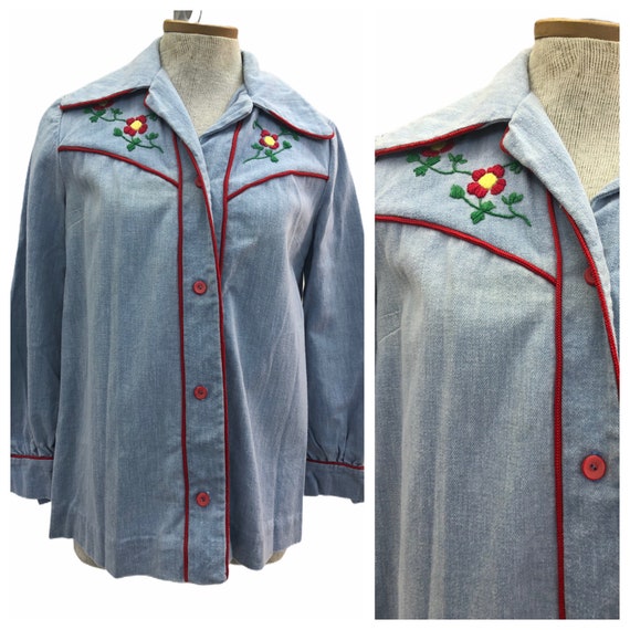 Vintage VTG 1970s 70s Denim Embroidered Button Up